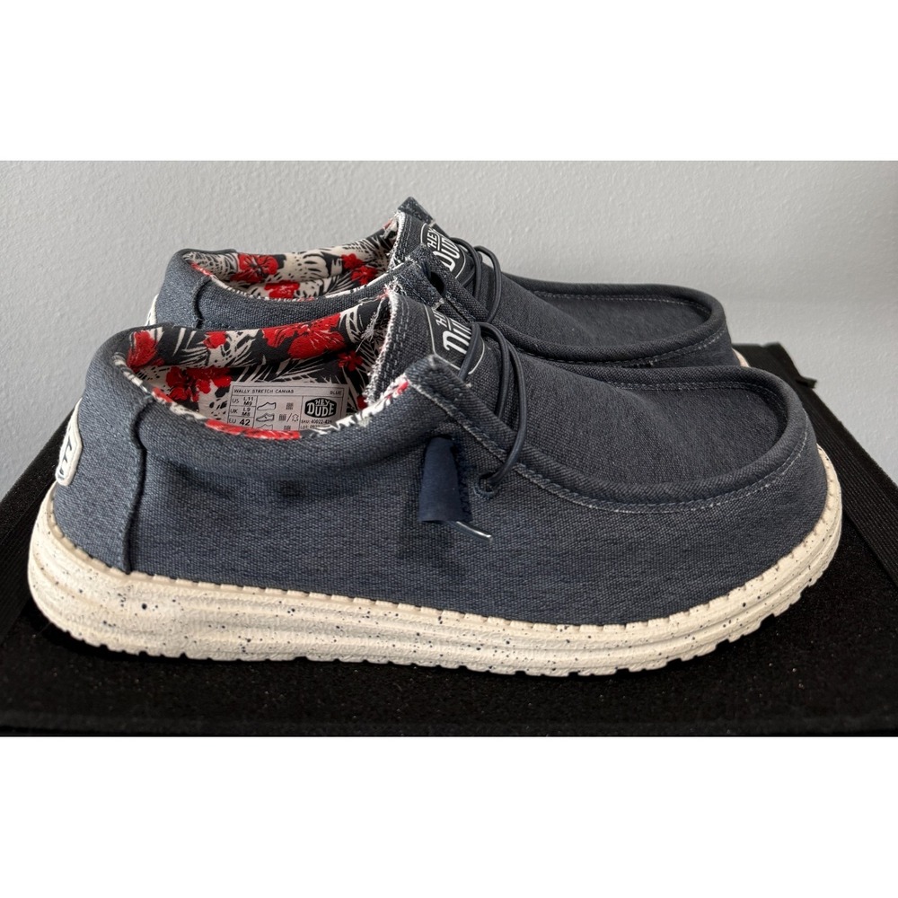 Hey Dude Men's Navy Canvas Sneakers with White/Cream Sole and Red Floral Lining